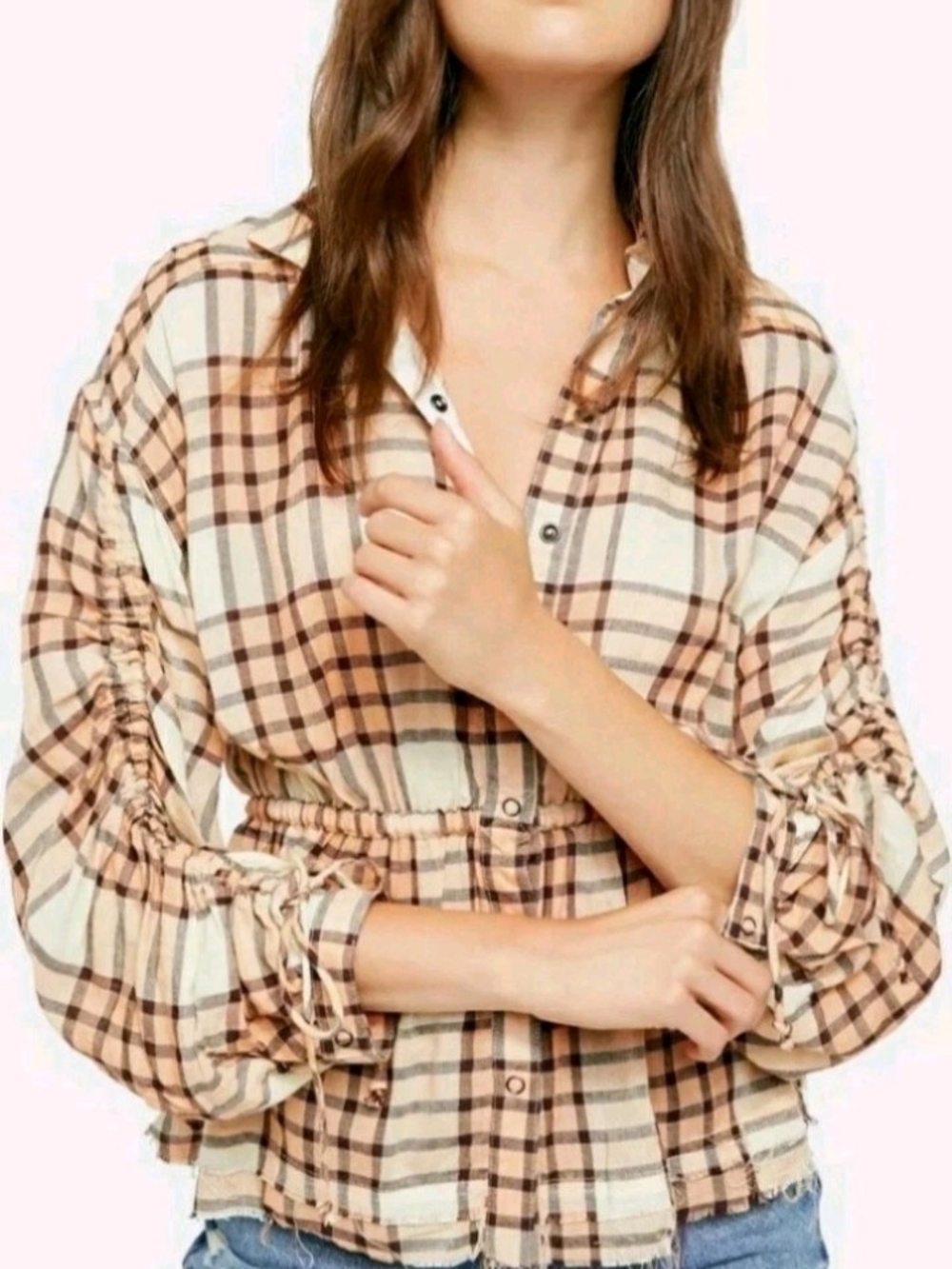Free People Beige Plaid Drawstring Peplum Button-Down Top